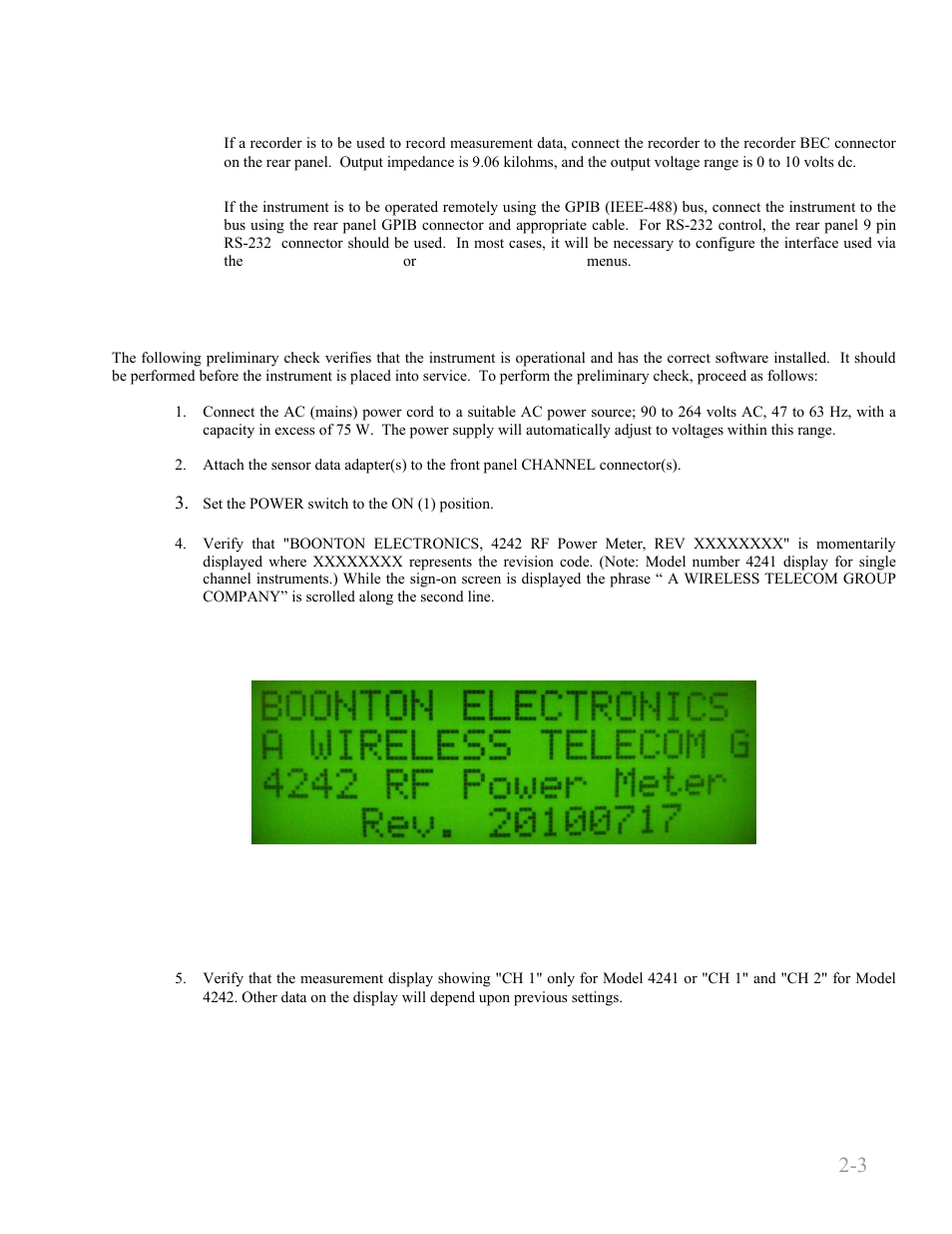 4 preliminary check, 4 preliminary check -3, Boonton 4240 series rf power meter | Installation 2-3 | Boonton 4240 RF Power Meter User Manual | Page 23 / 128