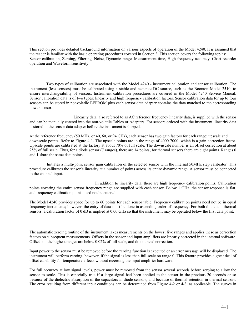 Operation, 1 sensor calibration, 2 zeroing | Operation -1, 1 sensor calibration -1, 2 zeroing -1, Boonton 4240 series rf power meter | Boonton 4240 RF Power Meter User Manual | Page 47 / 128
