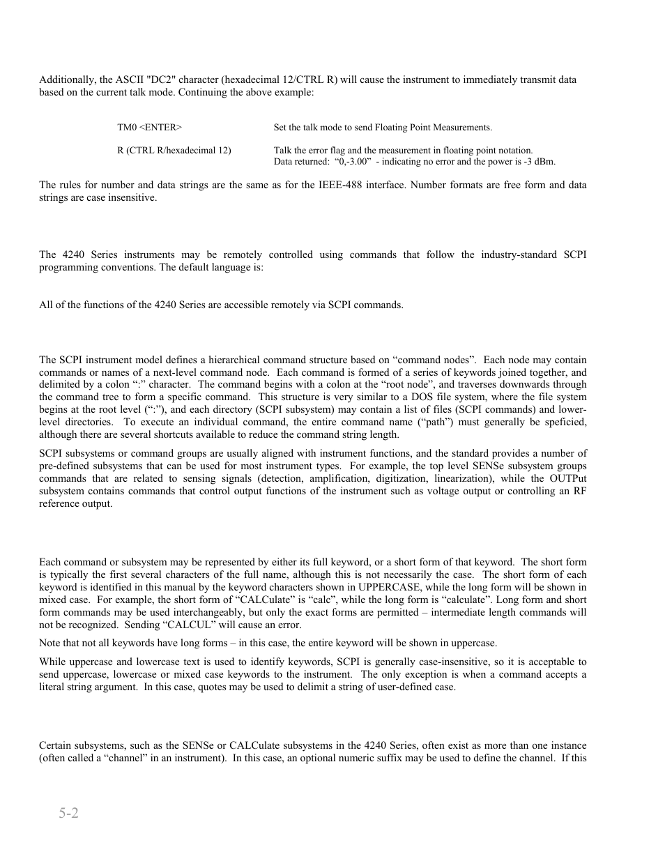 3 scpi language, 1 scpi structure, 2 long and short form keywords | 3 subsystem numeric suffixes, 3 scpi language -2, 1 scpi structure -2, 2 long and short form keywords -2, 3 subsystem numeric suffixes -2, Boonton 4240 series rf power meter, Remote operation 5-2 | Boonton 4240 RF Power Meter User Manual | Page 62 / 128