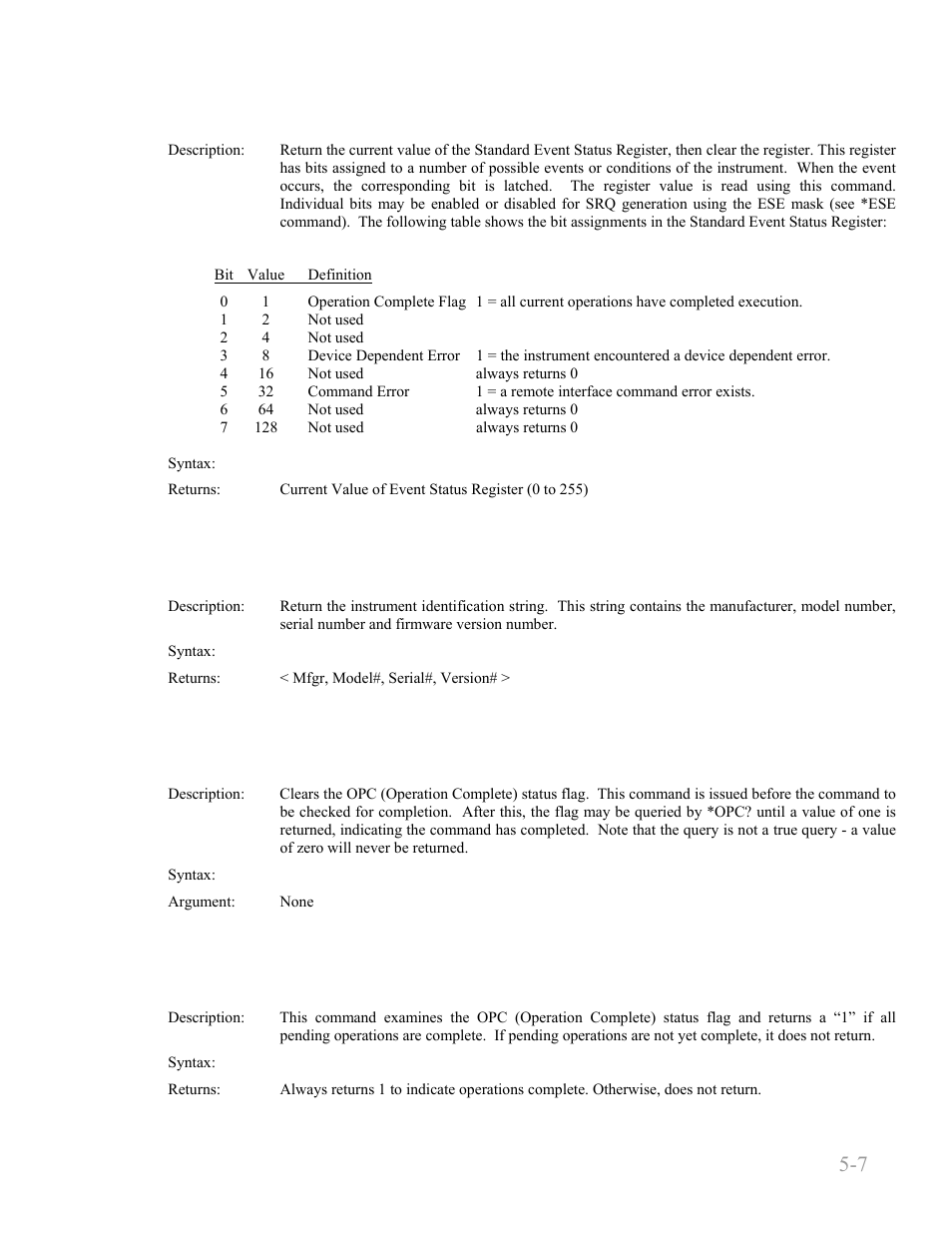 Esr? -7, Idn? -7, Opc -7 | Opc? -7, Boonton 4240 series rf power meter, Remote operation 5-7 | Boonton 4240 RF Power Meter User Manual | Page 67 / 128