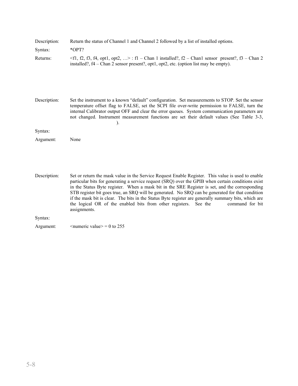 Opt? -8, Rst -8, Sre -8 | Boonton 4240 series rf power meter, Remote operation 5-8 | Boonton 4240 RF Power Meter User Manual | Page 68 / 128