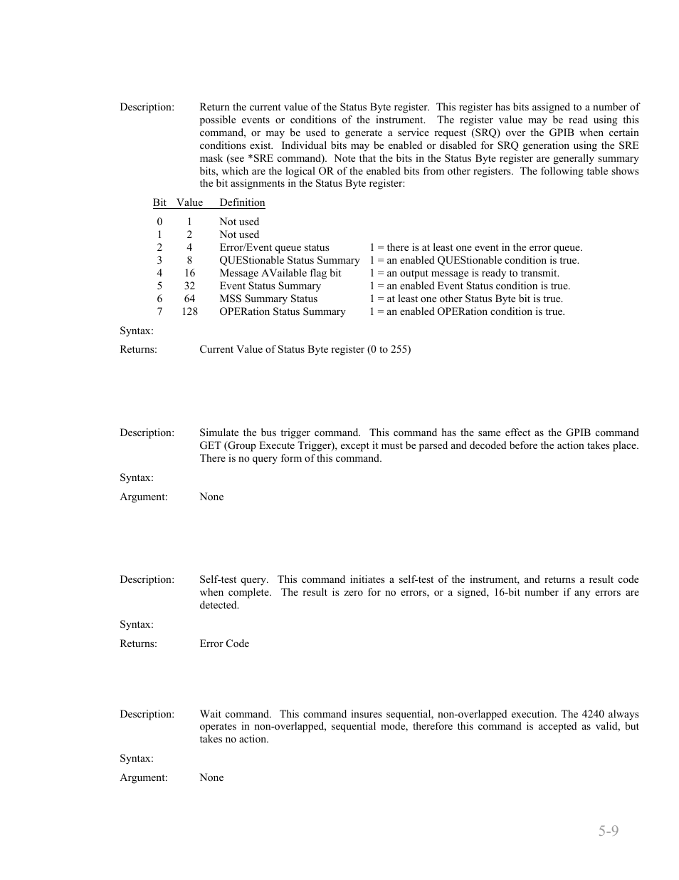 Stb? -9, Trg -9, Tst? -9 | Wai -9, Boonton 4240 series rf power meter, Remote operation 5-9 | Boonton 4240 RF Power Meter User Manual | Page 69 / 128