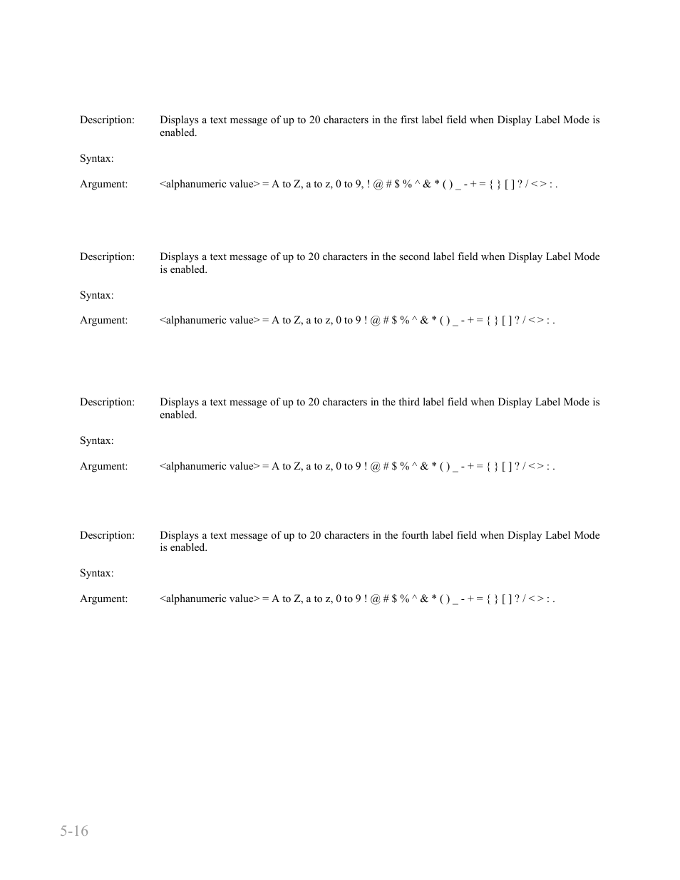 Display:label:texta, Display:label:textb, Display:label:textc | Display:label:textd, Display:label:texta -16, Display:label:textb -16, Display:label:textc -16, Display:label:textd -16, Boonton 4240 series rf power meter, Remote operation 5-16 | Boonton 4240 RF Power Meter User Manual | Page 76 / 128