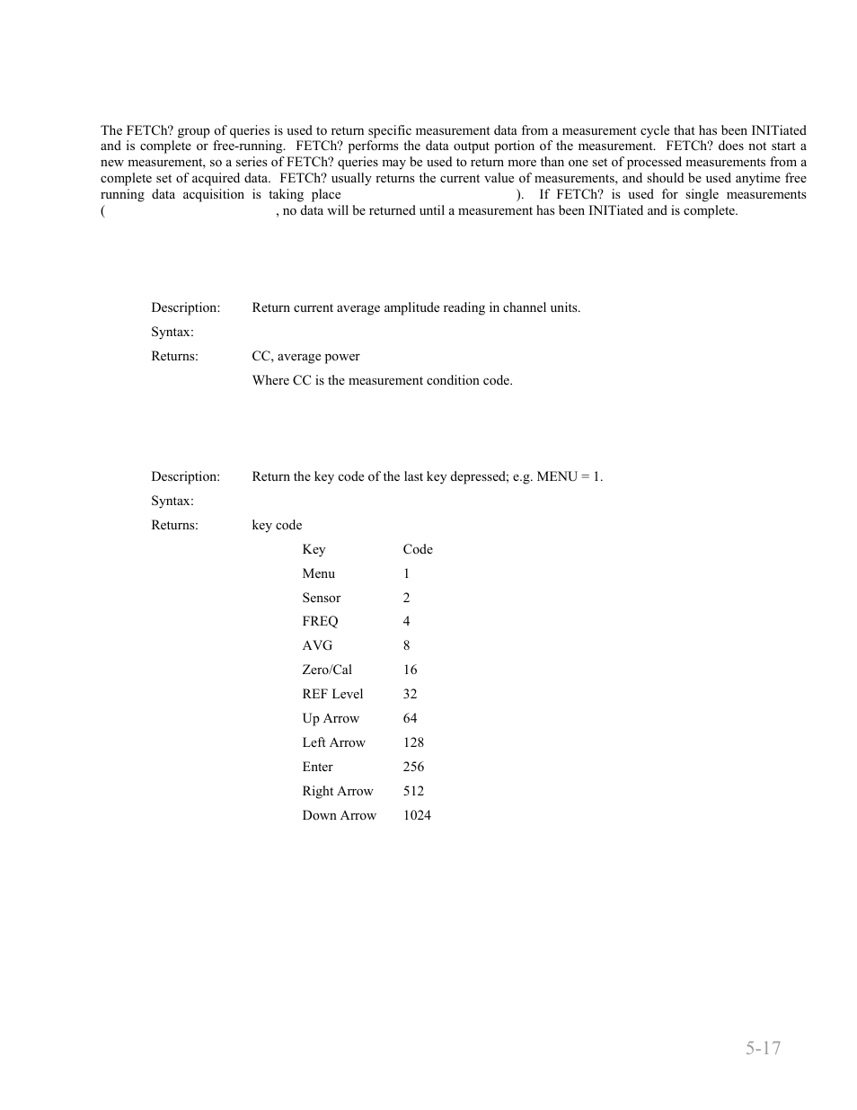 5 fetch queries, Fetch:cw:power, Fetch:key | 5 fetch queries -17, Fetch:cw:power? -17, Fetch:key? -17, Boonton 4240 series rf power meter, Remote operation 5-17 | Boonton 4240 RF Power Meter User Manual | Page 77 / 128