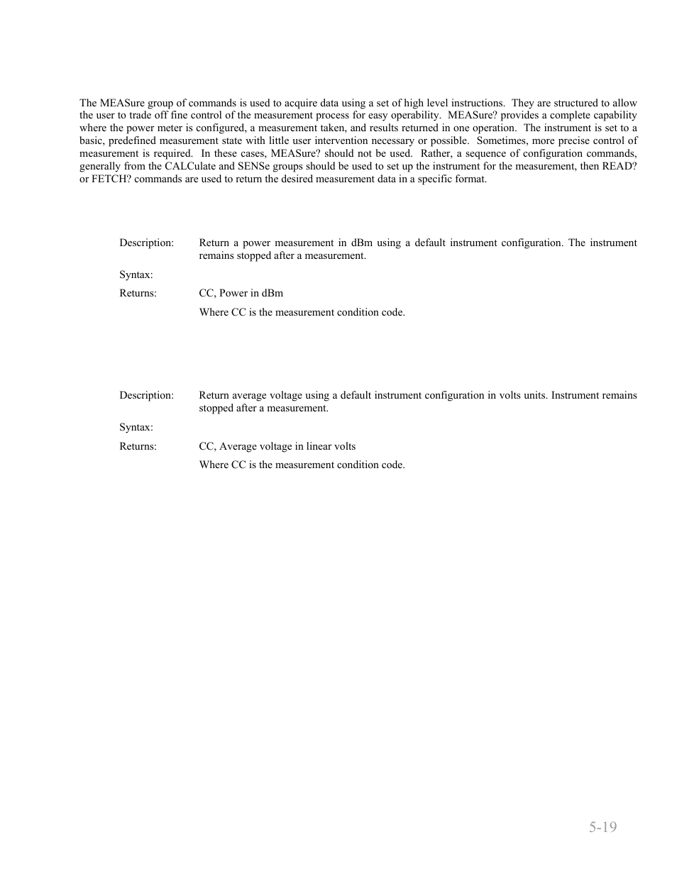 7 measure queries, Measure:power, Measure:voltage | 7 measure queries -19, Measure:power? -19, Measure:voltage? -19, Boonton 4240 series rf power meter, Remote operation 5-19 | Boonton 4240 RF Power Meter User Manual | Page 79 / 128