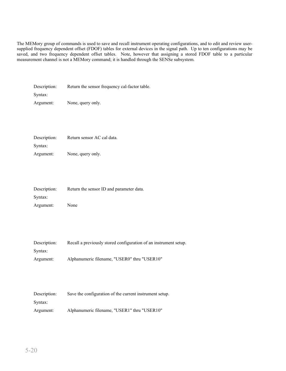 8 memory subsystem, Memory:snsr:cf, Memory:snsr:cwrg | Memory:snsr:info, Memory:sys:load, Memory:sys:store, 8 memory subsystem -20, Memory:snsr:cf? -20, Memory:snsr:cwrg? -20, Memory:snsr:info? -20 | Boonton 4240 RF Power Meter User Manual | Page 80 / 128