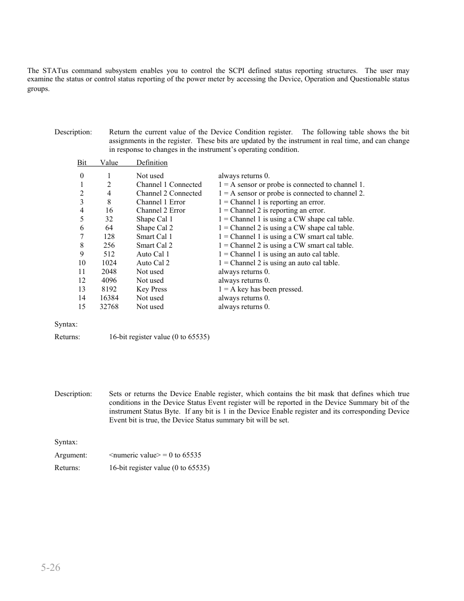 12 status commands, Status:device:condition, Status:device:enable | 12 status commands -26, Status:device:condition? -26, Status:device:enable -26, Boonton 4240 series rf power meter, Remote operation 5-26 | Boonton 4240 RF Power Meter User Manual | Page 86 / 128