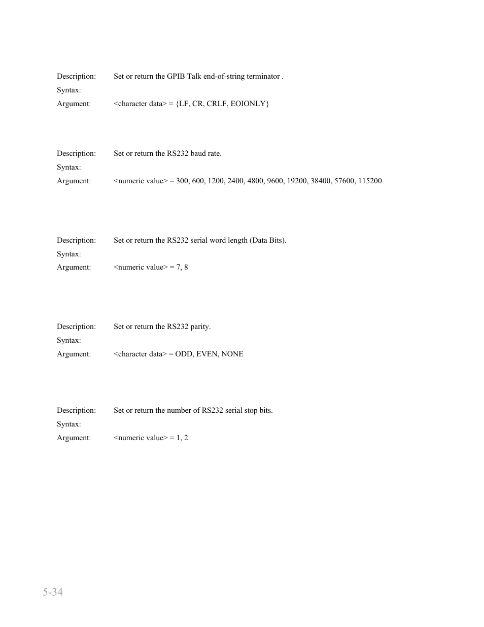 System:communicate:gpib:talk, System:communicate:serial:baud, System:communicate:serial:bits | System:communicate:serial:parity, System:communicate:serial:sbits, System:communicate:gpib:talk -34, System:communicate:serial:baud -34, System:communicate:serial:bits -34, System:communicate:serial:parity -34, System:communicate:serial:sbits -34 | Boonton 4240 RF Power Meter User Manual | Page 94 / 128