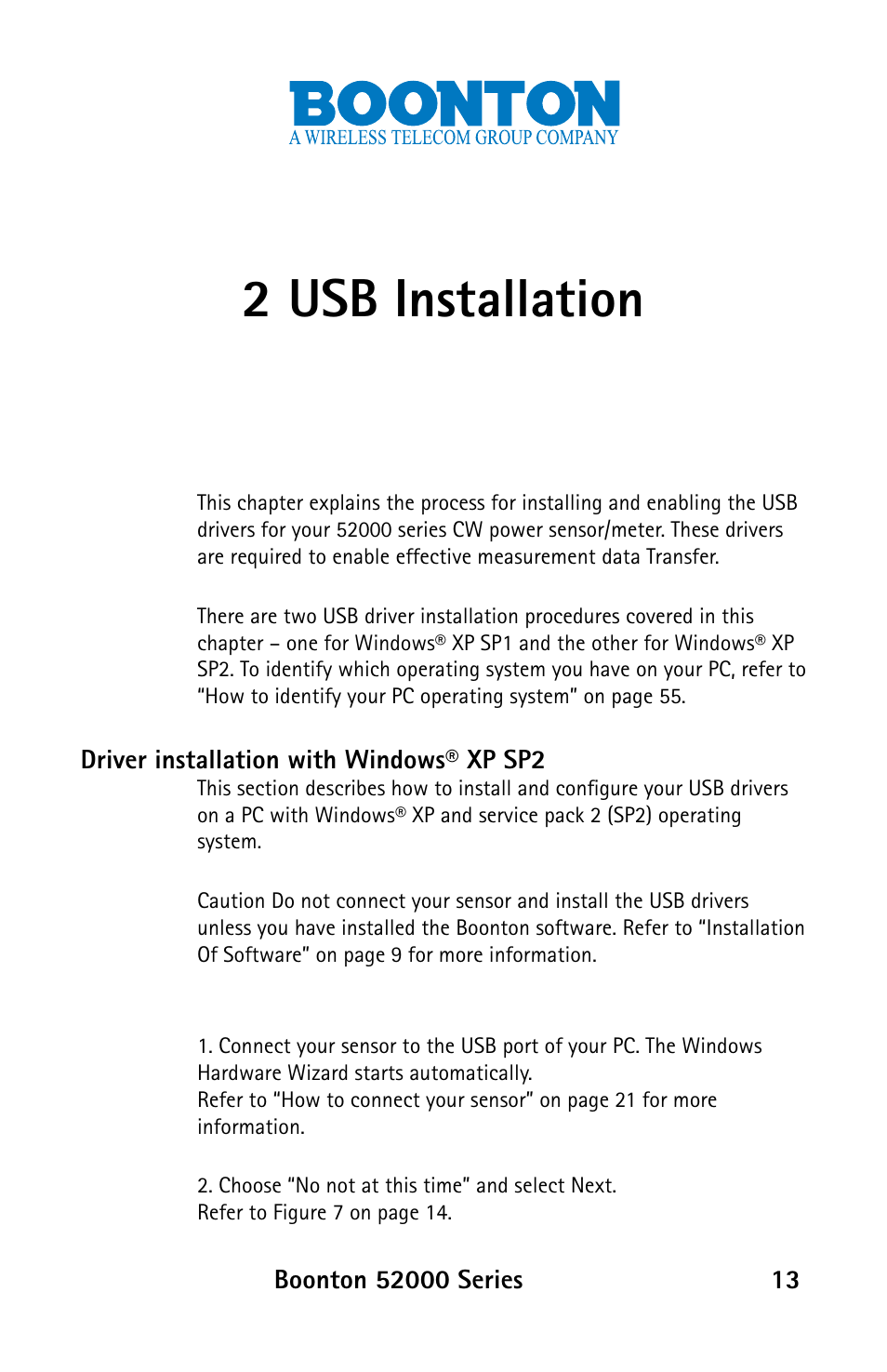 2 usb installation | Boonton 52000 Series USB CW Power Sensor User Manual | Page 13 / 68
