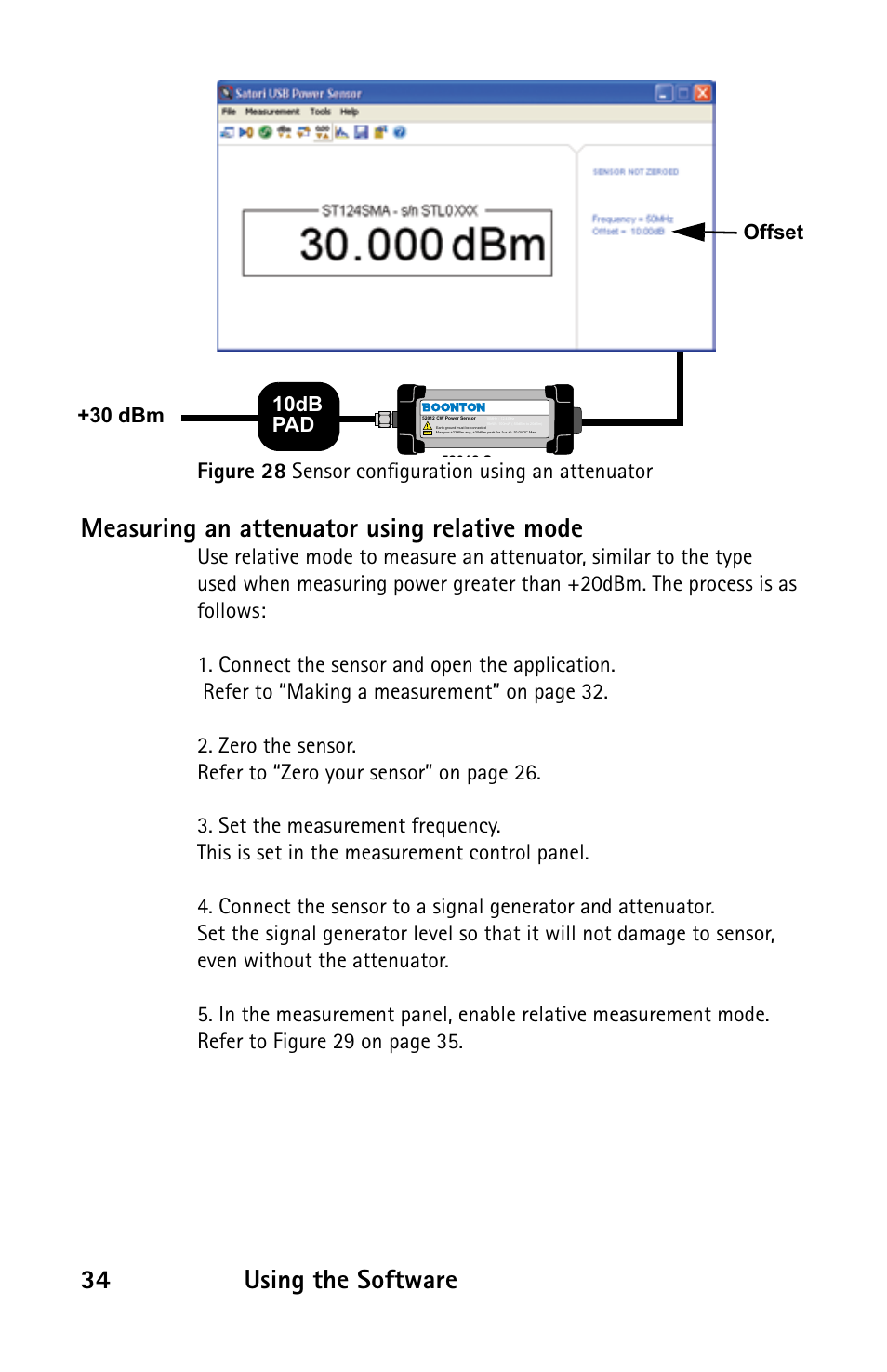 Using the software, Measuring an attenuator using relative mode, Figure 2 sensor configuration using an attenuator | 10db pad +30 dbm offset | Boonton 52000 Series USB CW Power Sensor User Manual | Page 34 / 68