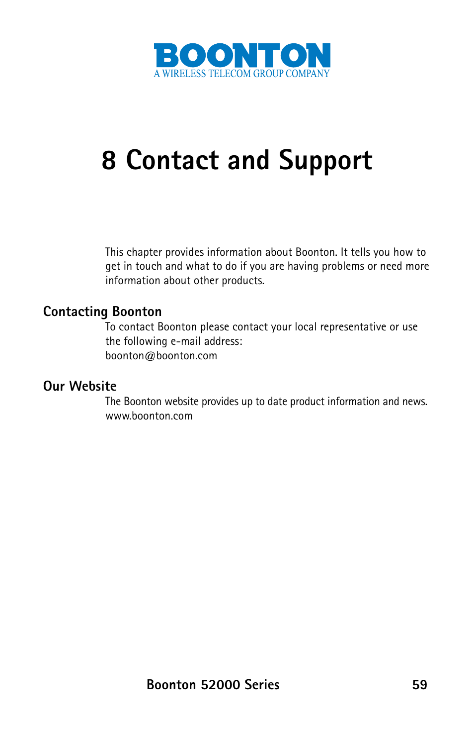 Contact and support | Boonton 52000 Series USB CW Power Sensor User Manual | Page 59 / 68