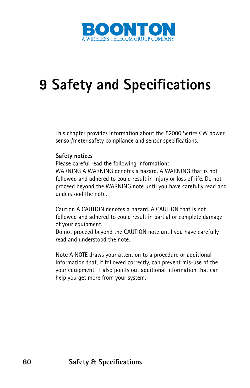 Safety and specifications | Boonton 52000 Series USB CW Power Sensor User Manual | Page 60 / 68