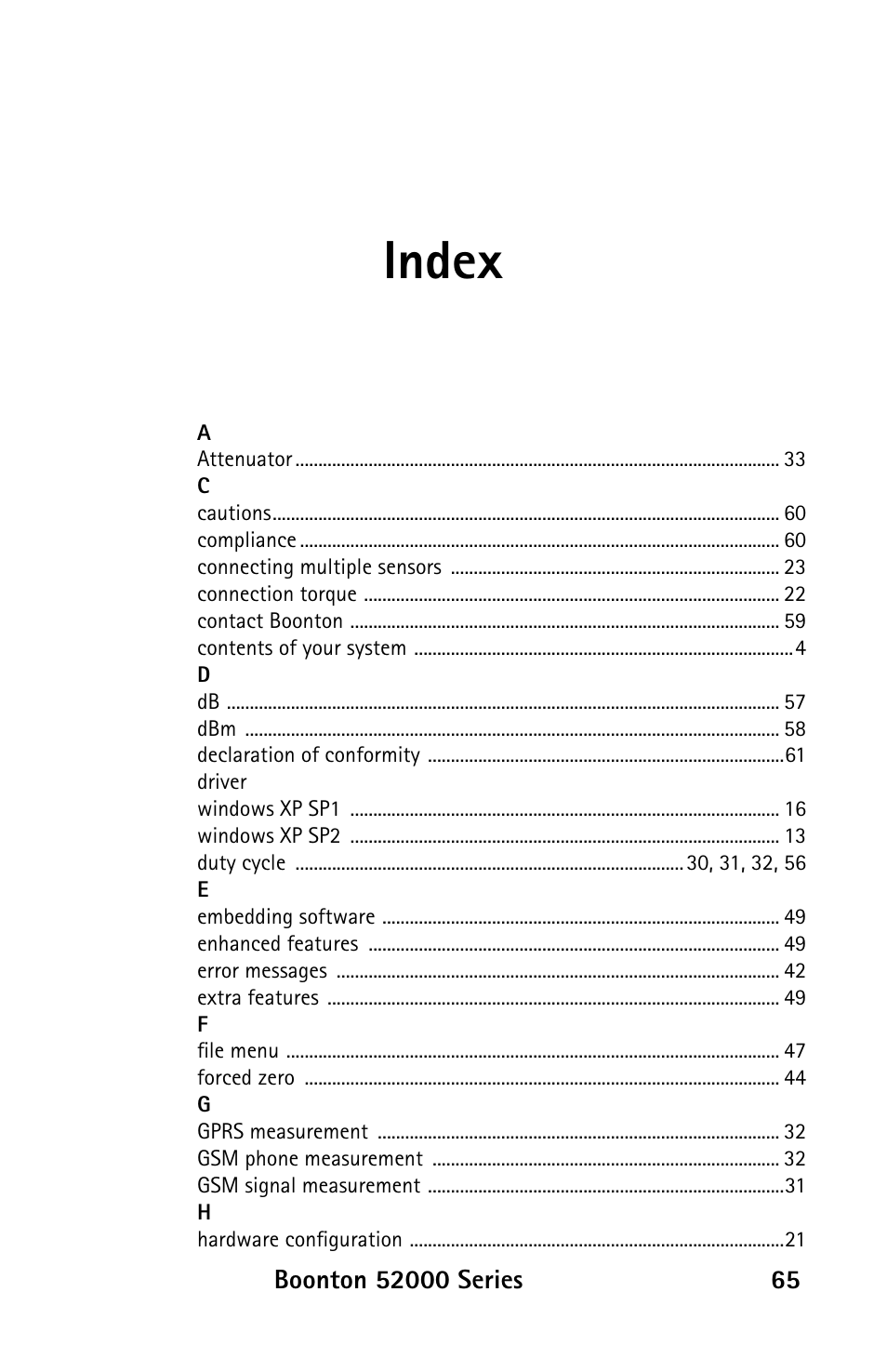 Index | Boonton 52000 Series USB CW Power Sensor User Manual | Page 65 / 68