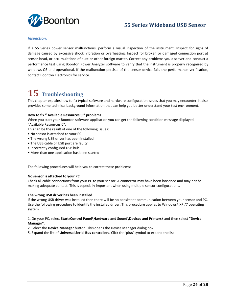 Troubleshooting | Boonton The New 55 Series Wideband USB Power Sensor User Manual | Page 24 / 28