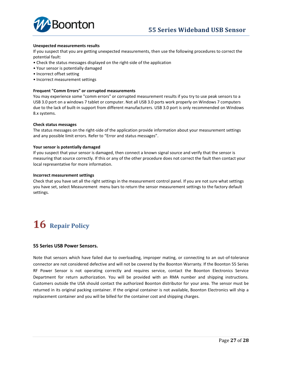 Repair policy | Boonton The New 55 Series Wideband USB Power Sensor User Manual | Page 27 / 28