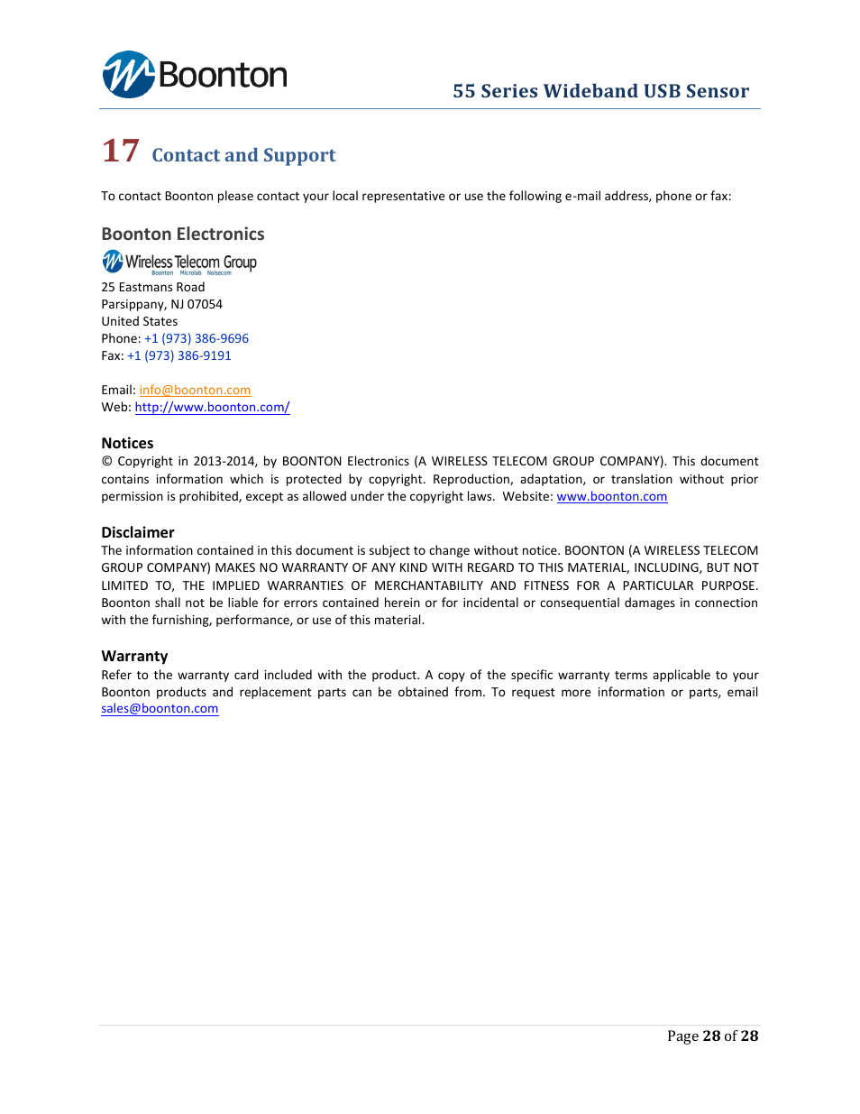 Contact and support, 55 series wideband usb sensor, Boonton electronics | Boonton The New 55 Series Wideband USB Power Sensor User Manual | Page 28 / 28