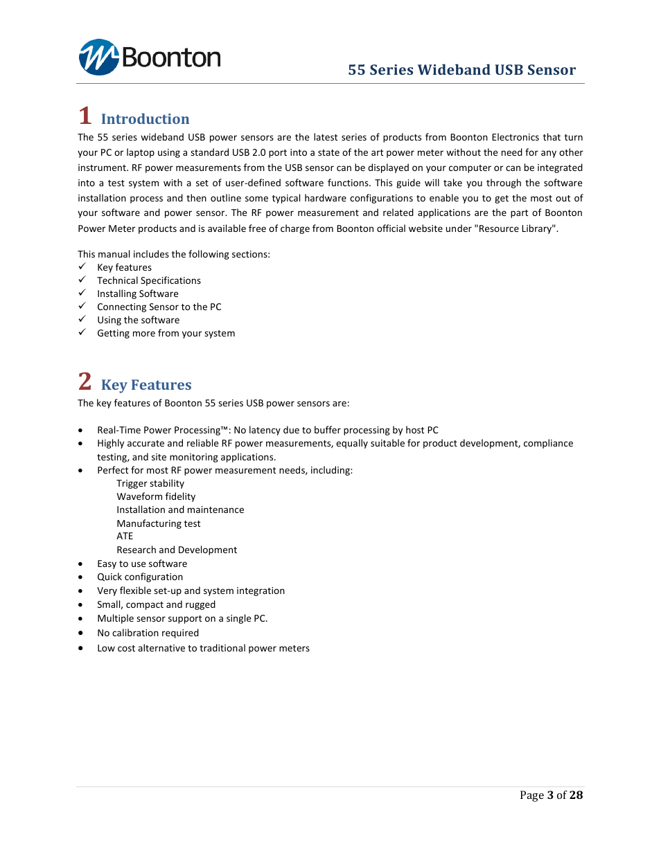 Introduction, Key features, 55 series wideband usb sensor | Boonton The New 55 Series Wideband USB Power Sensor User Manual | Page 3 / 28