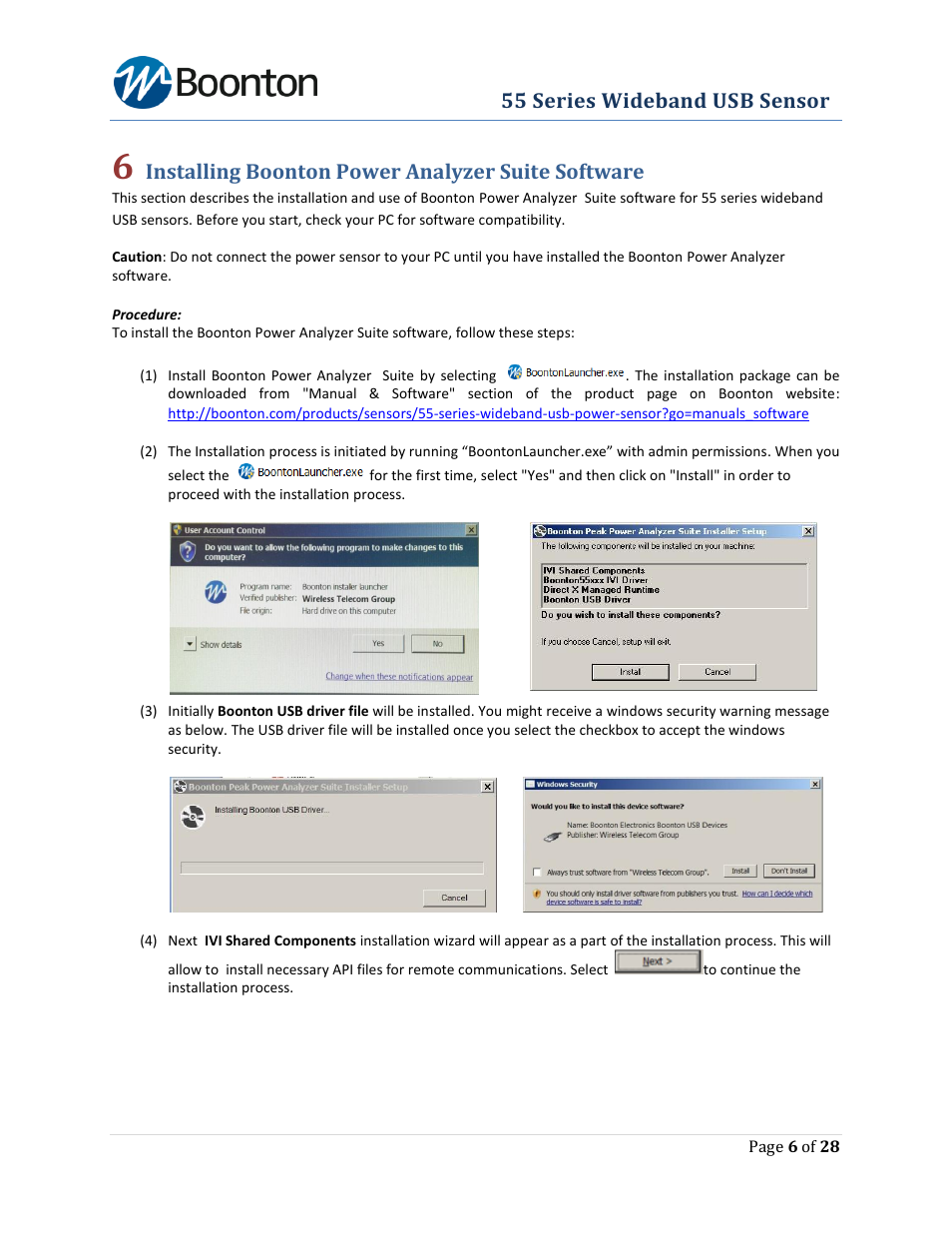Installing boonton power analyzer suite software, 55 series wideband usb sensor | Boonton The New 55 Series Wideband USB Power Sensor User Manual | Page 6 / 28