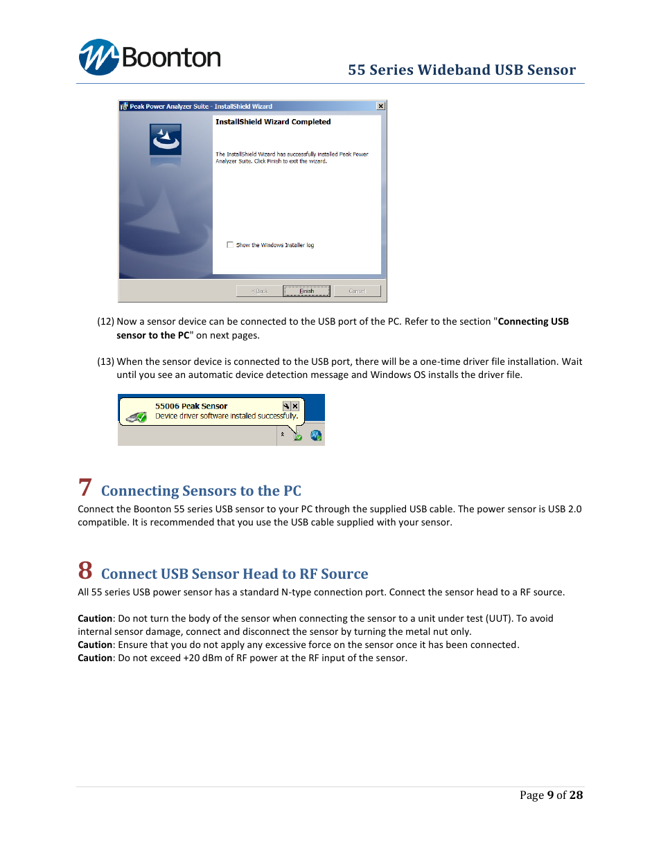 Connecting sensors to the pc, Connect usb sensor head to rf source | Boonton The New 55 Series Wideband USB Power Sensor User Manual | Page 9 / 28