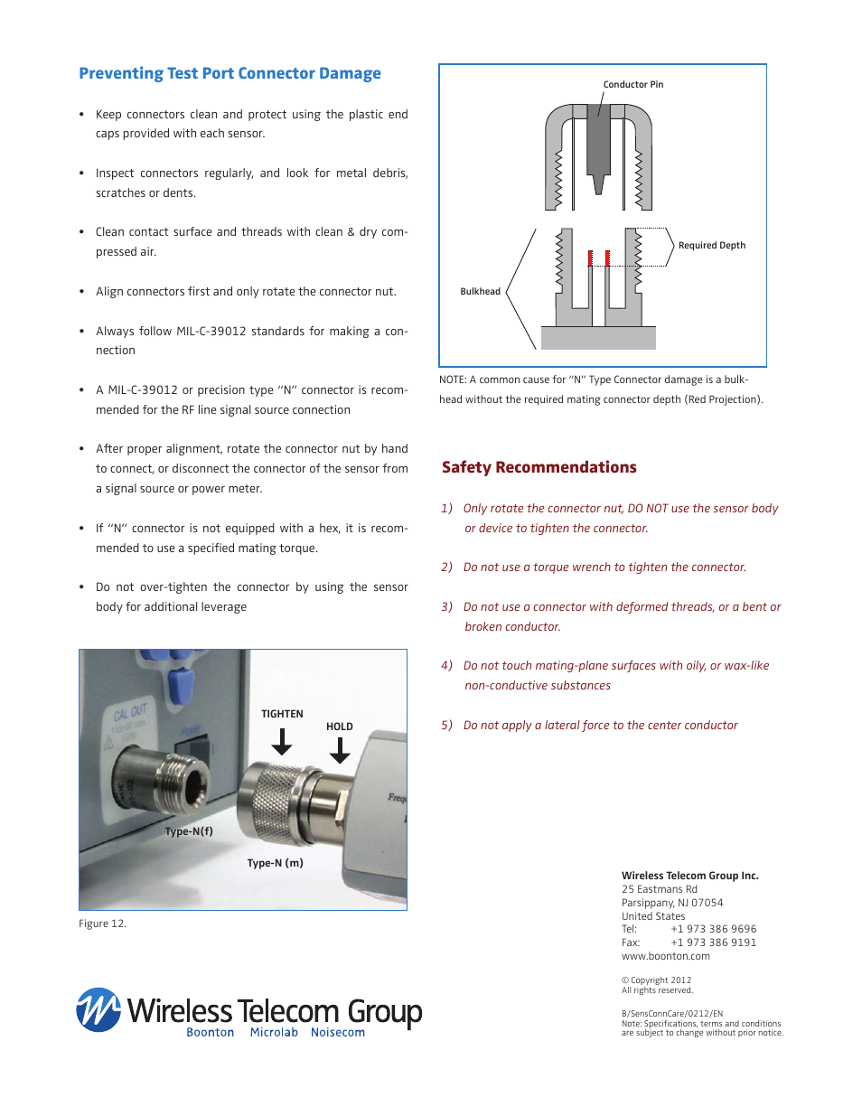 Preventing test port connector damage, Safety recommendations | Boonton Average & CW Power Sensors User Manual | Page 4 / 4