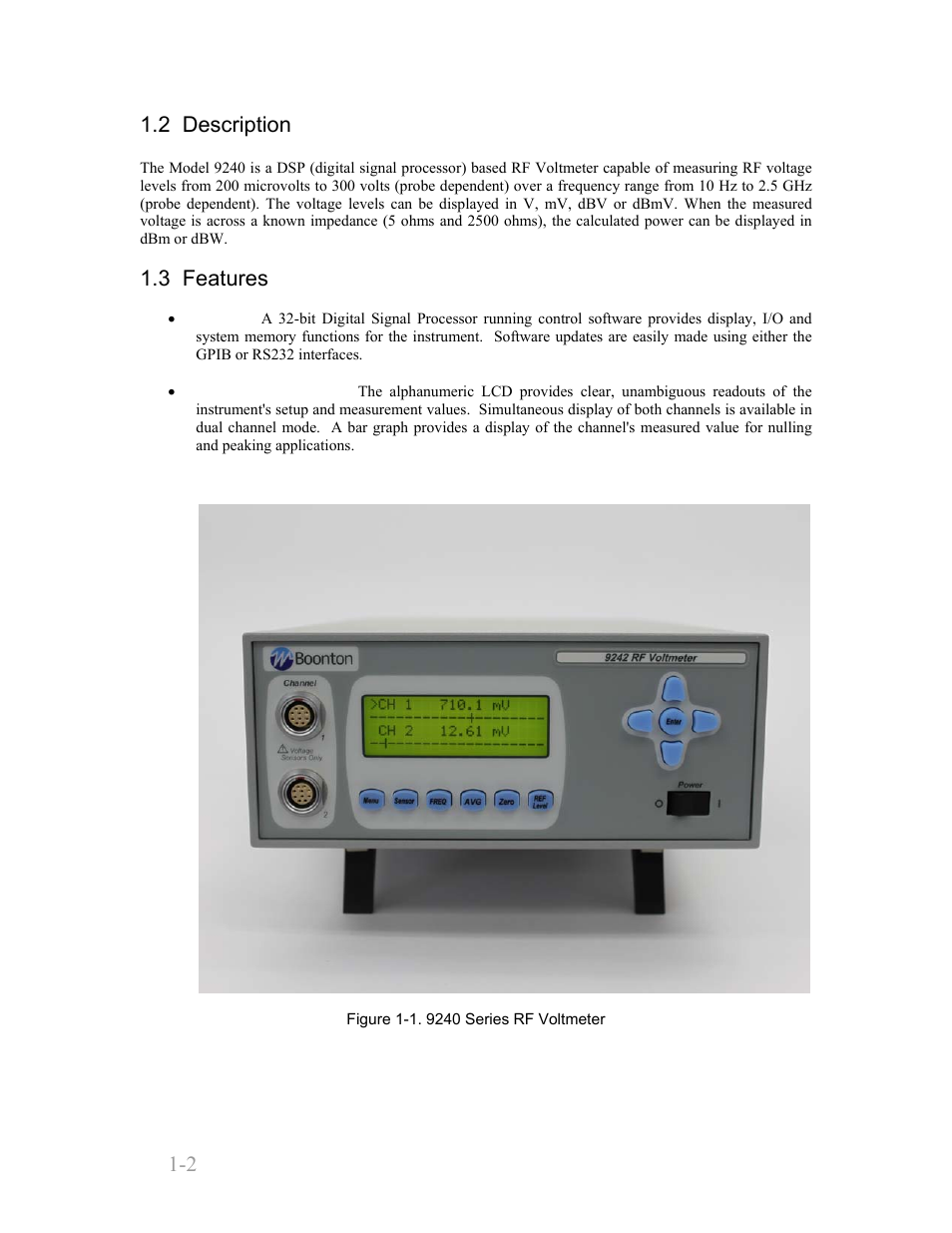 2 description, 3 features, 2 description -2 | 3 features -2, Boonton 9240 series rf voltmeter | Boonton 9240 RF Voltmeter User Manual | Page 12 / 100
