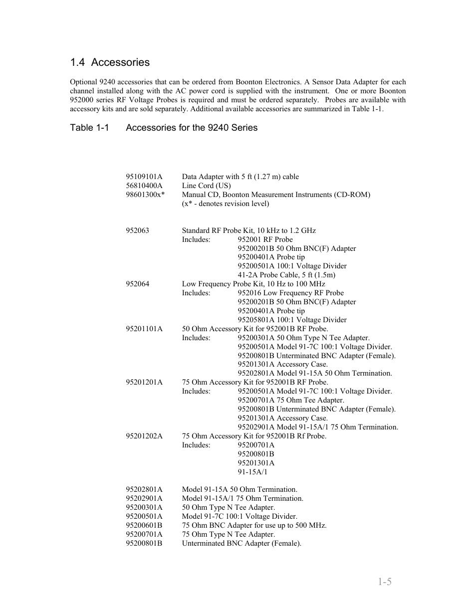 4 accessories, Standard, Optional | 4 accessories -5, Standard -5, Optional -5, Boonton 9240 series rf voltmeter, General information 1-5 | Boonton 9240 RF Voltmeter User Manual | Page 15 / 100