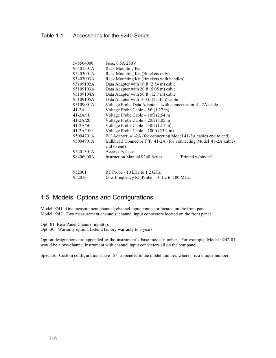 Optional, Probes, 5 models, options and configurations | Optional -6, Probes -6, 5 models, options and configurations -6, Boonton 9240 series rf voltmeter, General information 1-6 | Boonton 9240 RF Voltmeter User Manual | Page 16 / 100