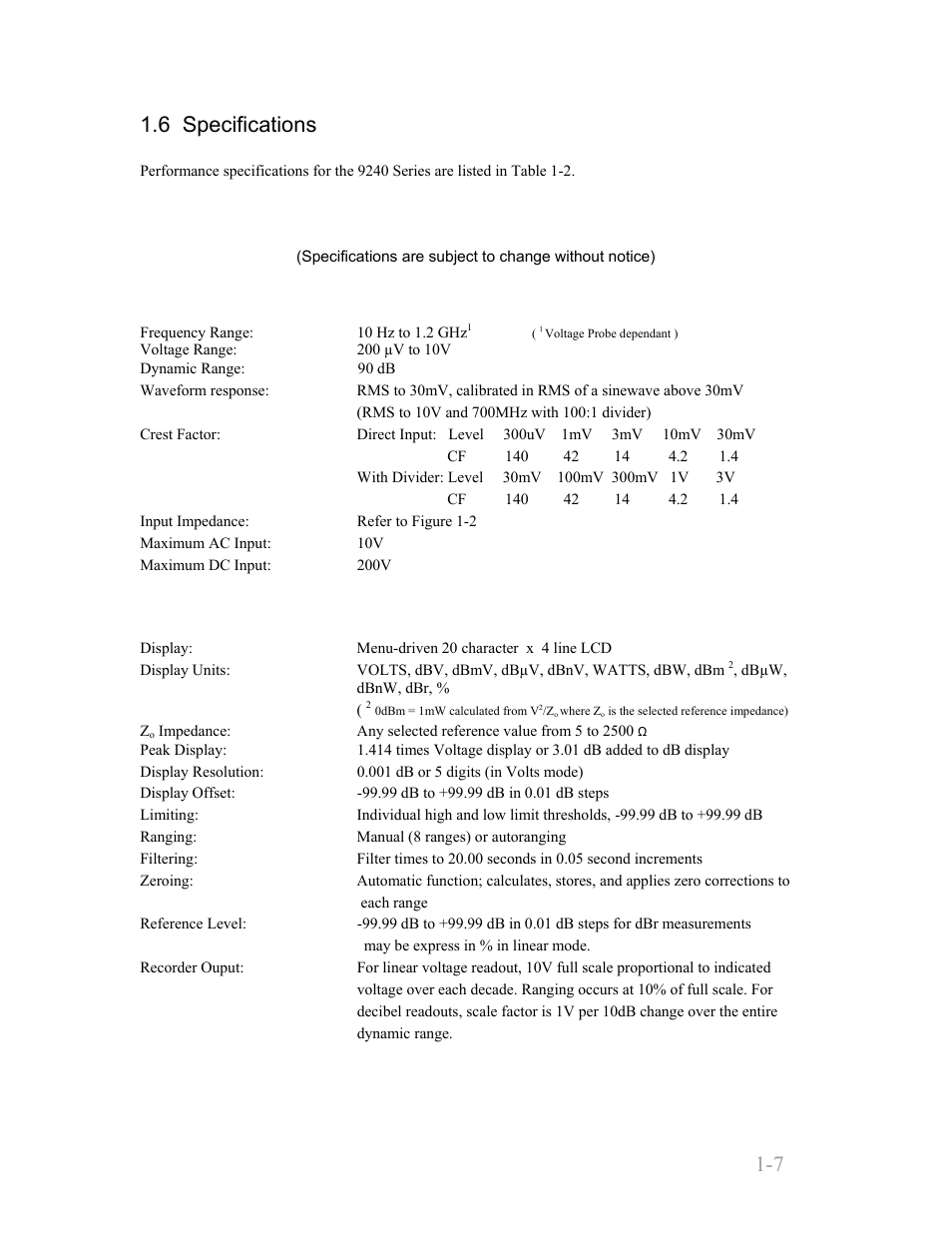 6 specifications, Voltage probe inputs, Features | 6 specifications -7, Voltage probe inputs -7, Features -7, Boonton 9240 series rf voltmeter, General information 1-7 | Boonton 9240 RF Voltmeter User Manual | Page 17 / 100