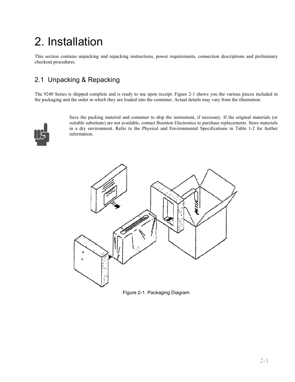 Installation, 1 unpacking & repacking, Installation -1 | 1 unpacking & repacking -1 | Boonton 9240 RF Voltmeter User Manual | Page 23 / 100
