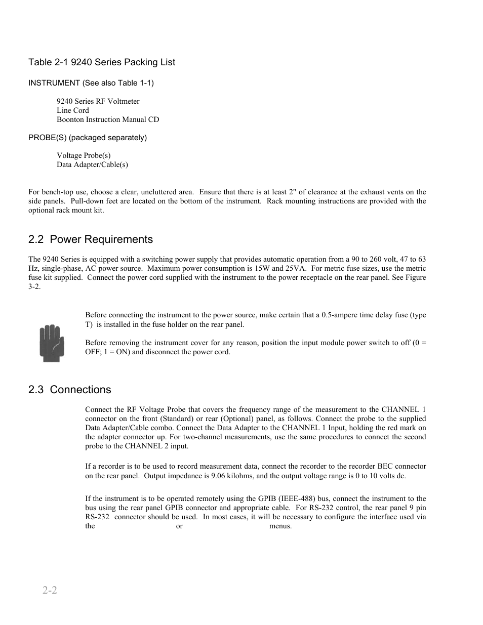 2 power requirements, 3 connections, 2 power requirements -2 | 3 connections -2, Boonton 9240 series rf voltmeter, Installation 2-2 | Boonton 9240 RF Voltmeter User Manual | Page 24 / 100