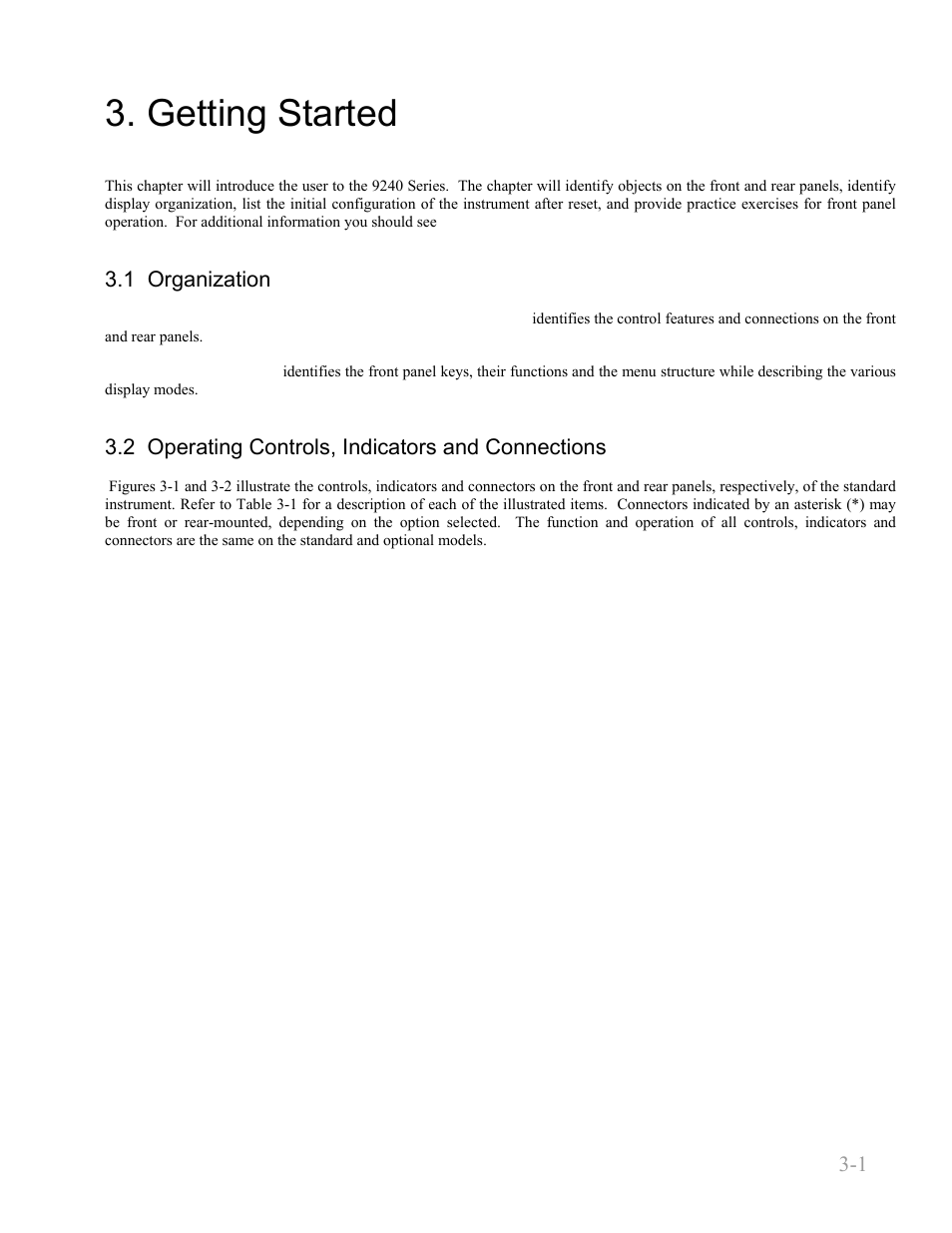 Getting started, 1 organization, 2 operating controls, indicators and connections | Getting started -1, 1 organization -1, Boonton 9240 series rf voltmeter | Boonton 9240 RF Voltmeter User Manual | Page 27 / 100
