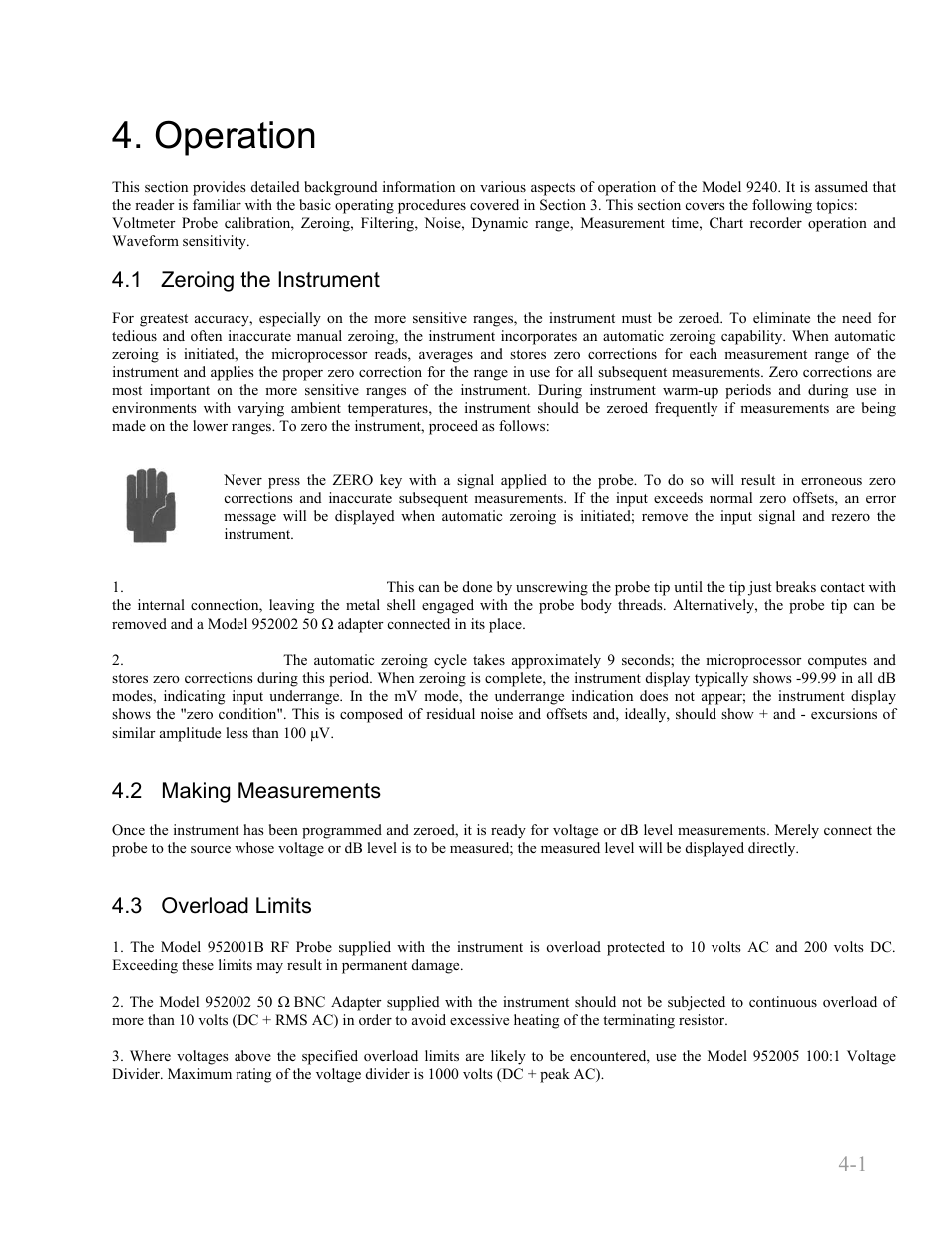 Operation, Zeroing the instrument, 2 making measurements | Overload limits, Operation -1, Zeroing the instrument -1, Making measurements -1, Overload limits -1, Boonton 9240 series rf voltmeter | Boonton 9240 RF Voltmeter User Manual | Page 47 / 100