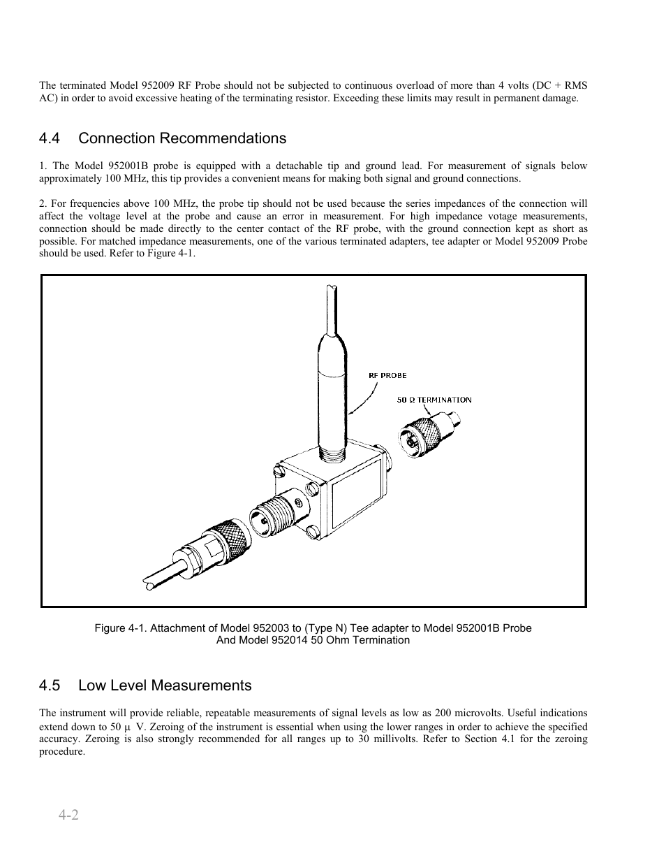 4 connection recommendations, 5 low level measurements, Connection recommendations -2 | Low level measurements -2, Boonton 9240 series rf voltmeter | Boonton 9240 RF Voltmeter User Manual | Page 48 / 100