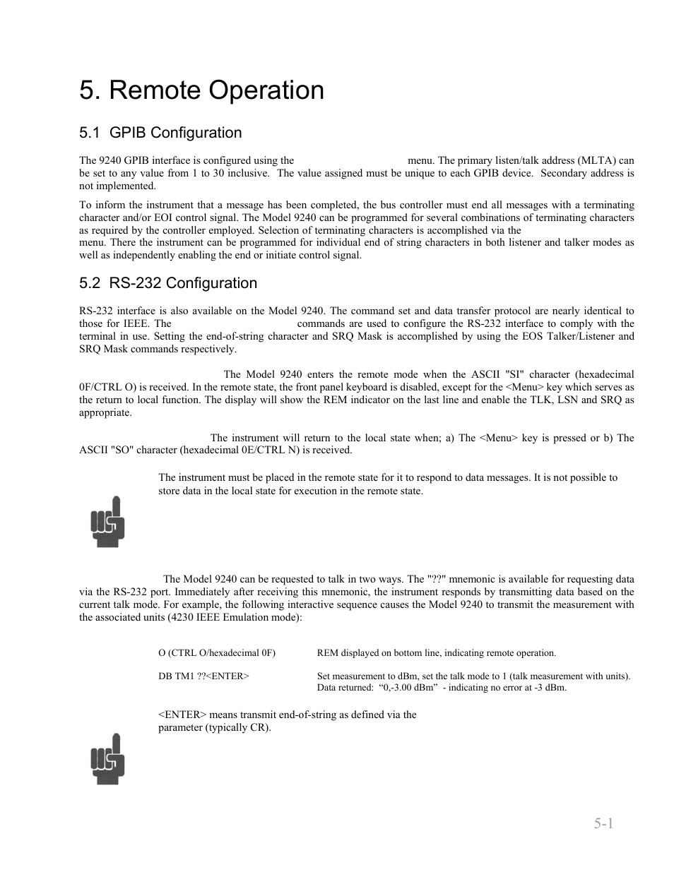 Remote operation, 1 gpib configuration, 2 rs-232 configuration | Remote operation -1, 1 gpib configuration -1, 2 rs-232 configuration -1, Boonton 9240 series rf voltmeter, Remote operation 5-1 | Boonton 9240 RF Voltmeter User Manual | Page 51 / 100