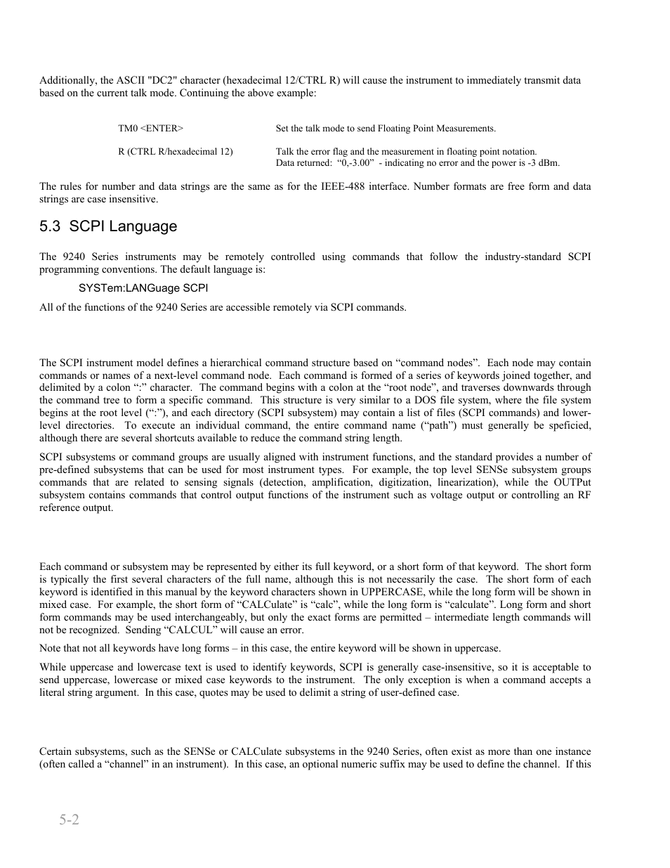 3 scpi language, 1 scpi structure, 2 long and short form keywords | 3 subsystem numeric suffixes, 3 scpi language -2, 1 scpi structure -2, 2 long and short form keywords -2, 3 subsystem numeric suffixes -2, Boonton 9240 series rf voltmeter, Remote operation 5-2 | Boonton 9240 RF Voltmeter User Manual | Page 52 / 100