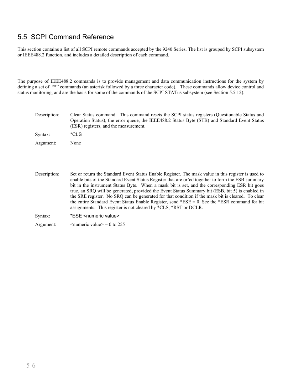 5 scpi command reference, 1 ieee 488.2 commands, 5 scpi command reference -6 | 1 ieee 488.2 commands -6, Cls -6, Ese -6, Boonton 9240 series rf voltmeter, Remote operation 5-6 | Boonton 9240 RF Voltmeter User Manual | Page 56 / 100