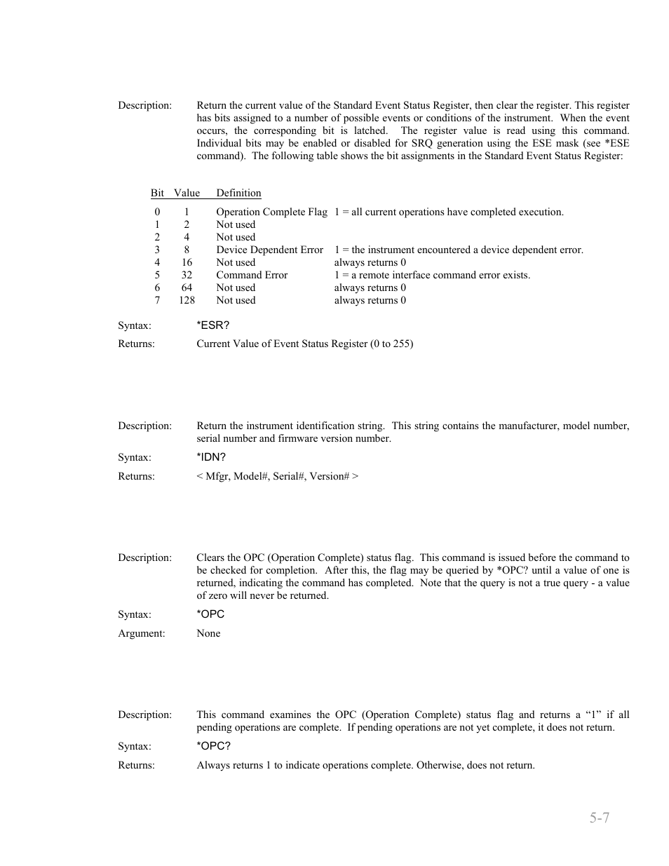Esr? -7, Idn? -7, Opc -7 | Opc? -7, Boonton 9240 series rf voltmeter, Remote operation 5-7 | Boonton 9240 RF Voltmeter User Manual | Page 57 / 100