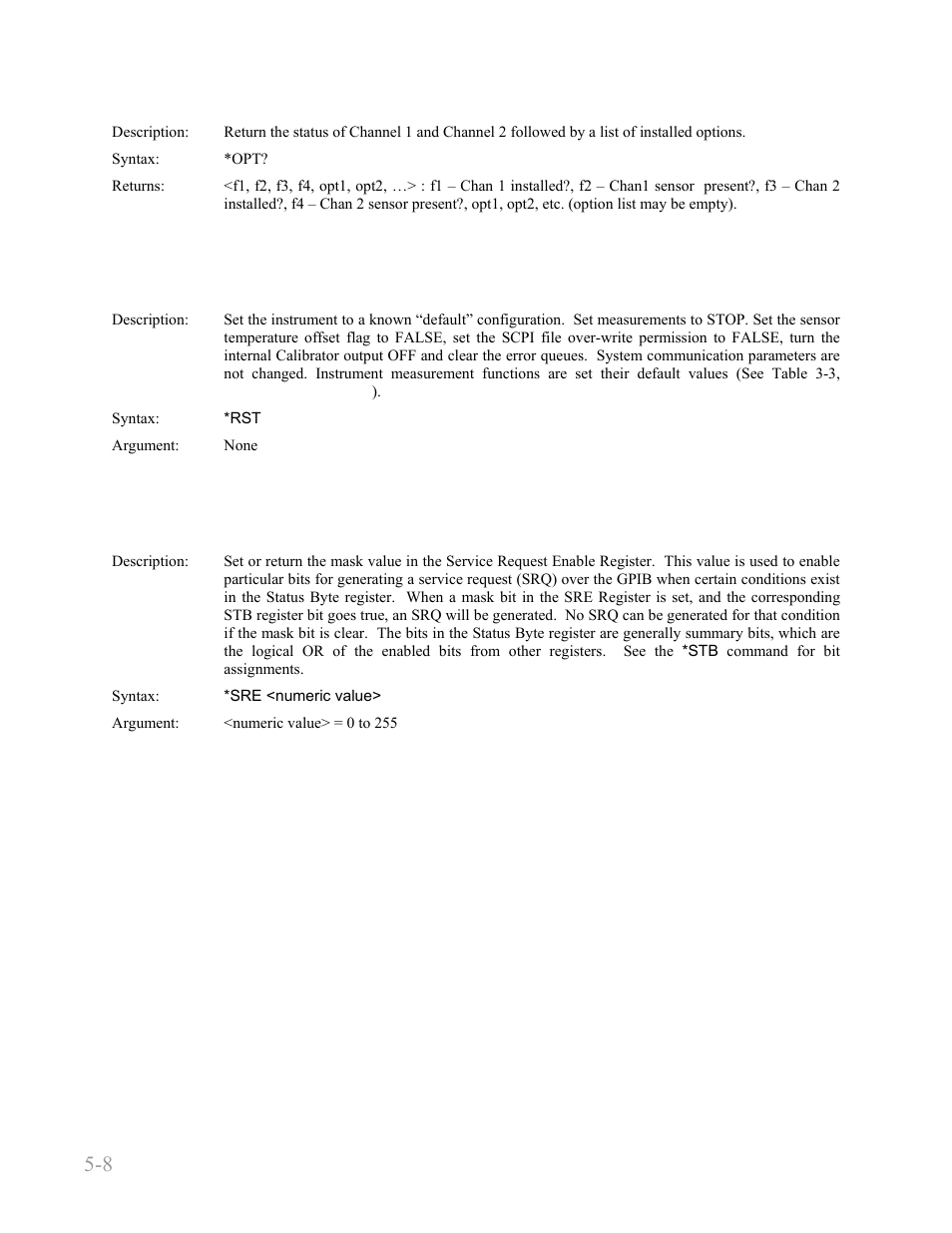 Opt? -8, Rst -8, Sre -8 | Boonton 9240 series rf voltmeter, Remote operation 5-8 | Boonton 9240 RF Voltmeter User Manual | Page 58 / 100