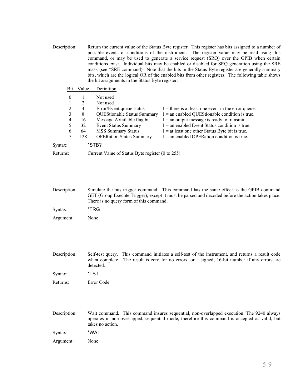 Stb? -9, Trg -9, Tst? -9 | Wai -9, Boonton 9240 series rf voltmeter, Remote operation 5-9 | Boonton 9240 RF Voltmeter User Manual | Page 59 / 100