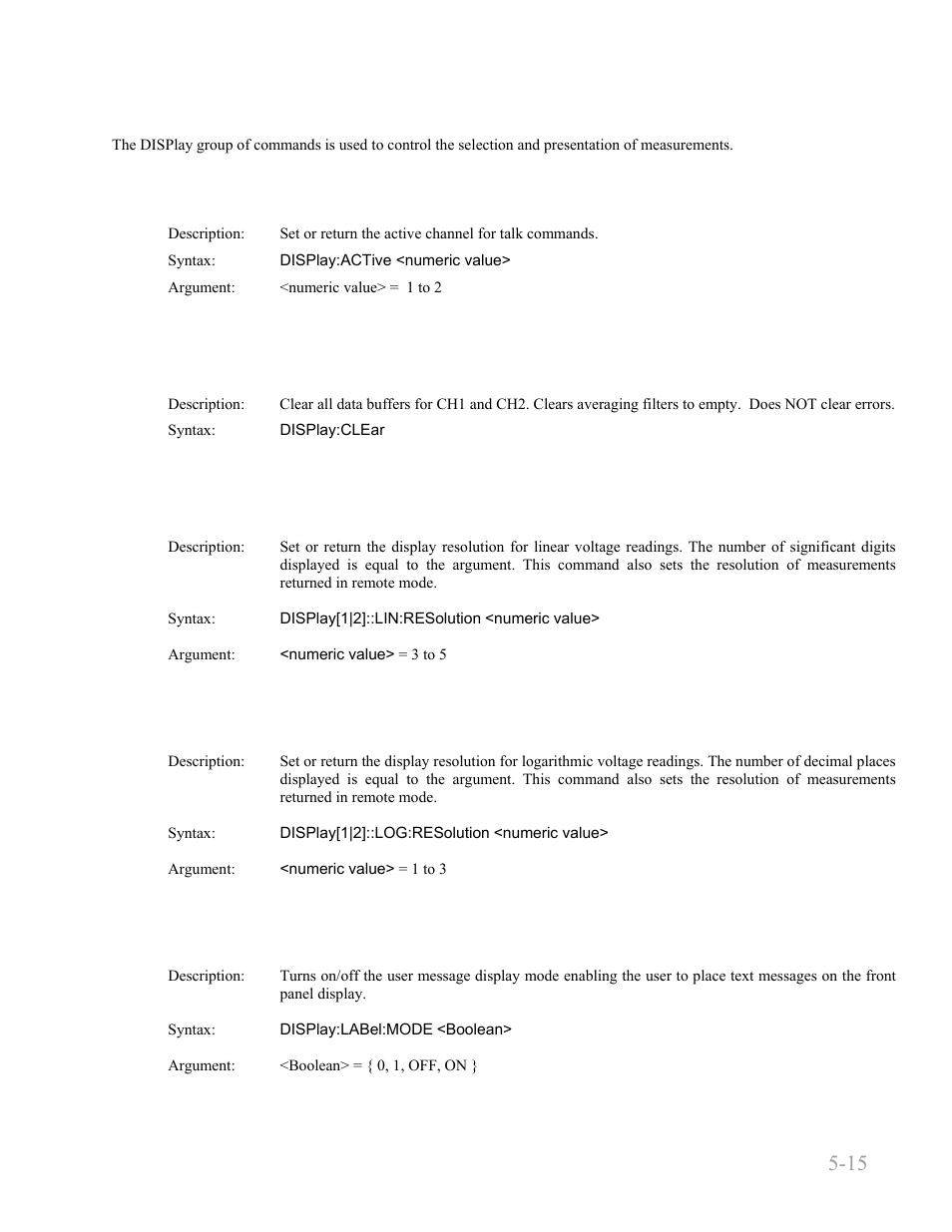 4 display subsystem, Display:active, Display:clear | Display:lin:resolution, Display:log:resolution, Display:label:mode, 4 display subsystem -15, Display:active[?] -15, Display:clear -15, Display:lin:resolution -15 | Boonton 9240 RF Voltmeter User Manual | Page 65 / 100