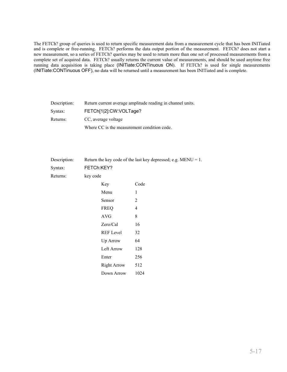 5 fetch queries, Fetch:cw:voltage, Fetch:key | 5 fetch queries -17, Fetch:cw:voltage? -17, Fetch:key? -17, Boonton 9240 series rf voltmeter, Remote operation 5-17 | Boonton 9240 RF Voltmeter User Manual | Page 67 / 100