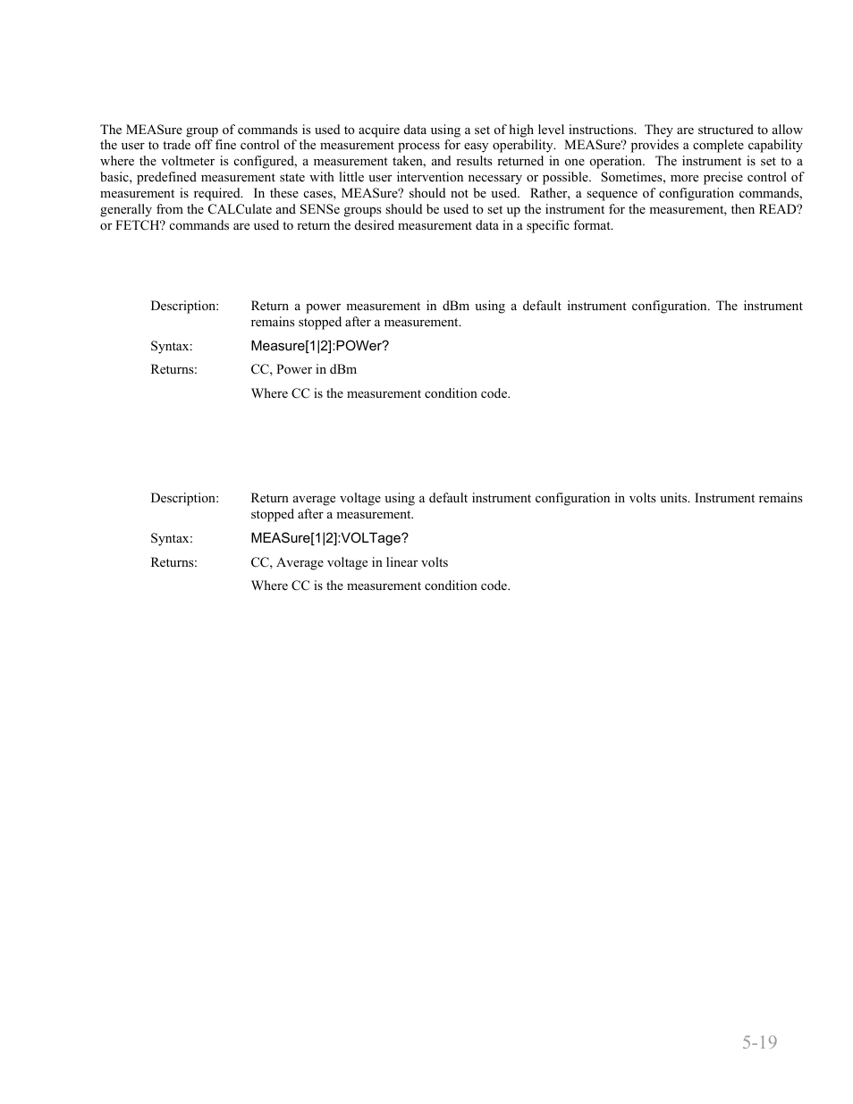 7 measure queries, Measure:power, Measure:voltage | 7 measure queries -19, Measure:power? -19, Measure:voltage? -19, Boonton 9240 series rf voltmeter, Remote operation 5-19 | Boonton 9240 RF Voltmeter User Manual | Page 69 / 100