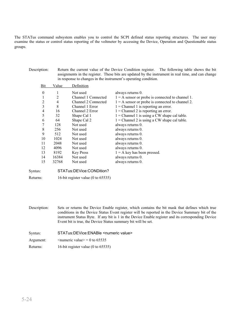 12 status commands, Status:device:condition, Status:device:enable | 12 status commands -24, Status:device:condition? -24, Status:device:enable -24, Boonton 9240 series rf voltmeter, Remote operation 5-24 | Boonton 9240 RF Voltmeter User Manual | Page 74 / 100