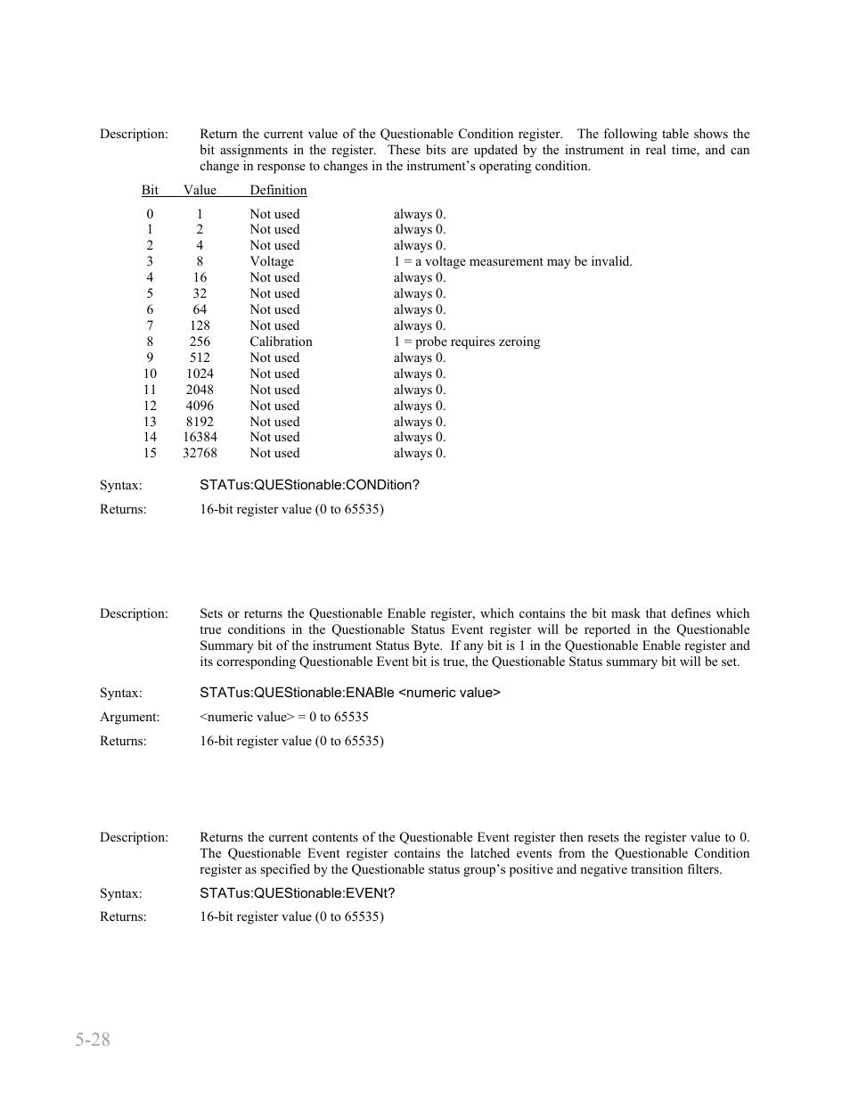 Status:questionable:condition, Status:questionable:enable, Status:questionable:event | Status:questionable:condition? -28, Status:questionable:enable -28, Status:questionable:event? -28, Boonton 9240 series rf voltmeter, Remote operation 5-28 | Boonton 9240 RF Voltmeter User Manual | Page 78 / 100