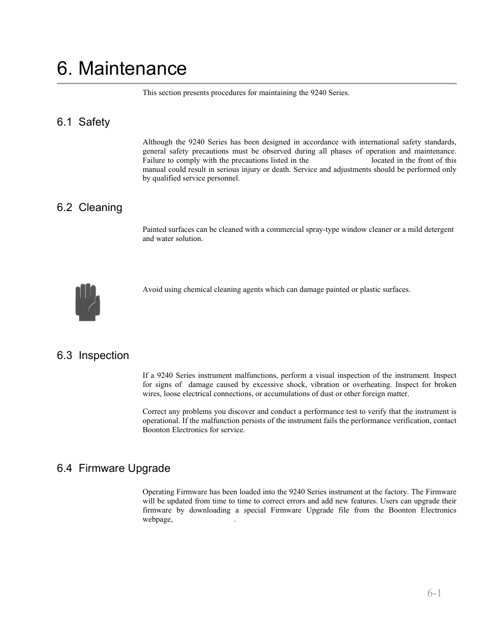 Maintenance, 1 safety, 2 cleaning | 3 inspection, 4 firmware upgrade, Maintenance -1, 1 safety -1, 2 cleaning -1, 3 inspection -1, 4 firmware upgrade -1 | Boonton 9240 RF Voltmeter User Manual | Page 93 / 100