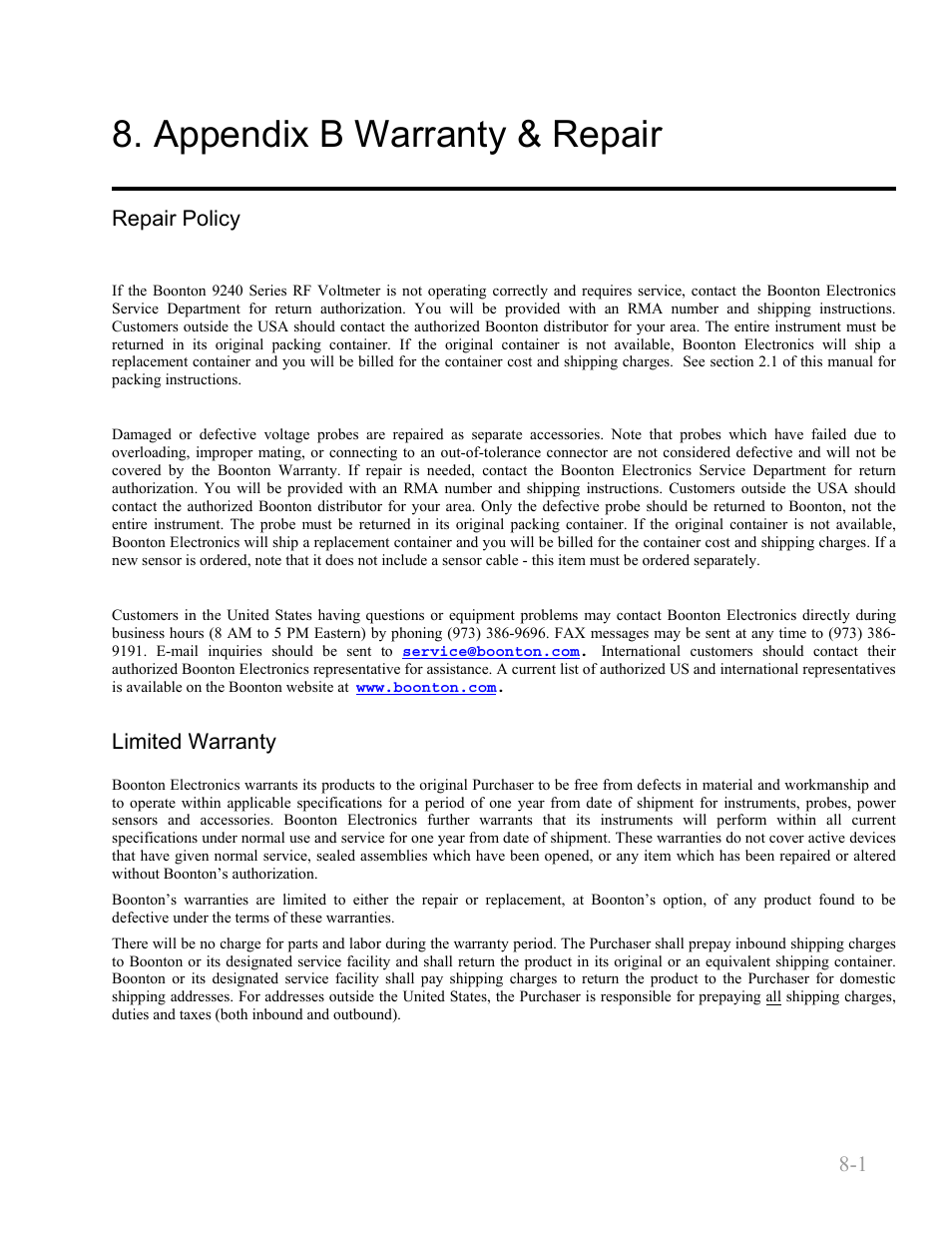 Appendix b warranty & repair, Repair policy, Limited warranty | Appendix b warranty & repair -1, Repair policy -1, Limited warranty -1, Boonton 9240 series rf power meter | Boonton 9240 RF Voltmeter User Manual | Page 99 / 100