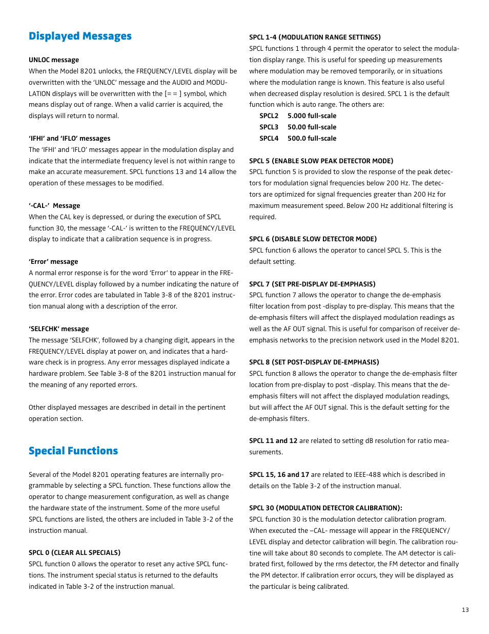 Displayed messages, Special functions | Boonton 8201 Modulation Analyzer Quick Start User Manual | Page 13 / 14