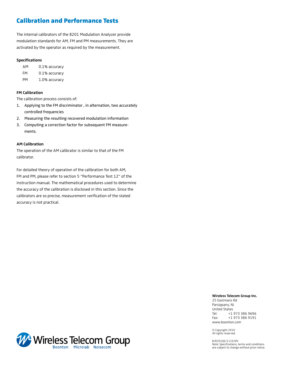 Calibration and performance tests | Boonton 8201 Modulation Analyzer Quick Start User Manual | Page 14 / 14