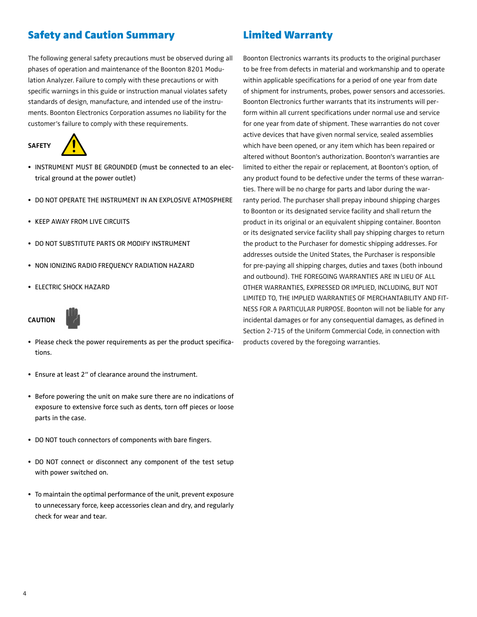 Limited warranty, Safety and caution summary | Boonton 8201 Modulation Analyzer Quick Start User Manual | Page 4 / 14