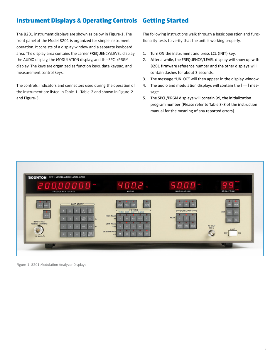 Instrument displays & operating controls, Getting started | Boonton 8201 Modulation Analyzer Quick Start User Manual | Page 5 / 14